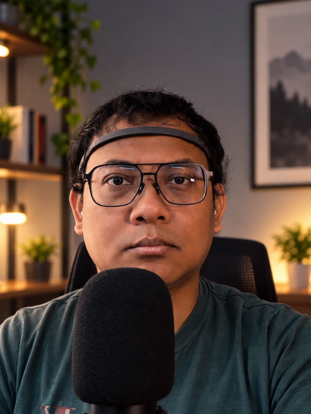 Tio wearing glasses and an EEG headband, in front of a studio microphone.